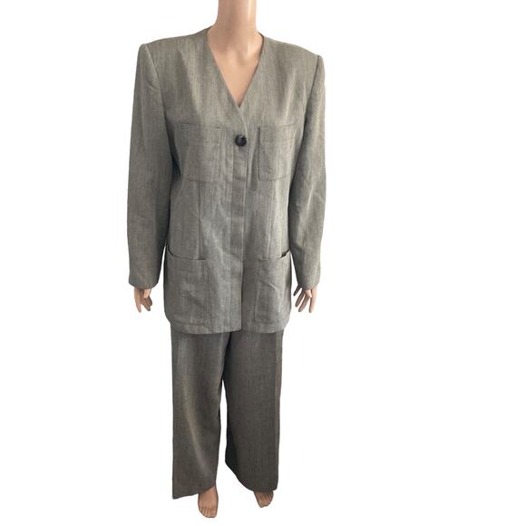 Albert Nipon Pant Suit 2 Piece Womens 16 Wool Blend Gray 5 Button - Picture 1 of 16
